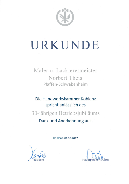 Urkunde zum 30-jährigen