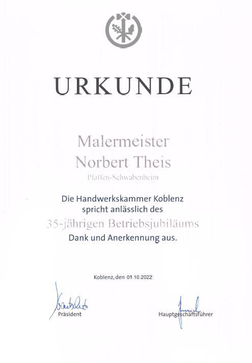 Urkunde zum 35-jährigen